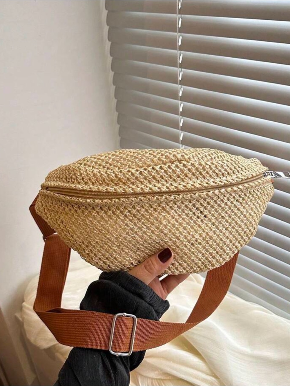 Woven Straw Crossbody Belt Bag in Natural with Brown Strap